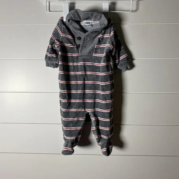Ralph Lauren Infant Velour Sleeper Gray with White & Red Stripes 3 Months