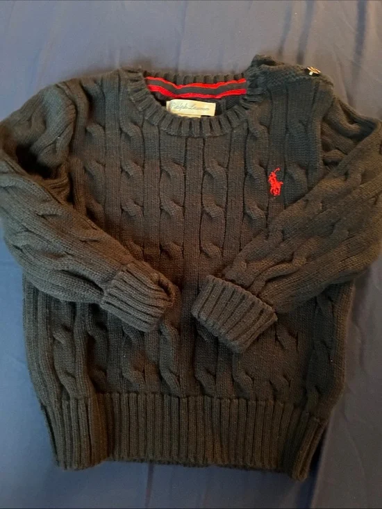 Ralph Lauren Navy Cable Knit Crewneck Sweater with Red Pony