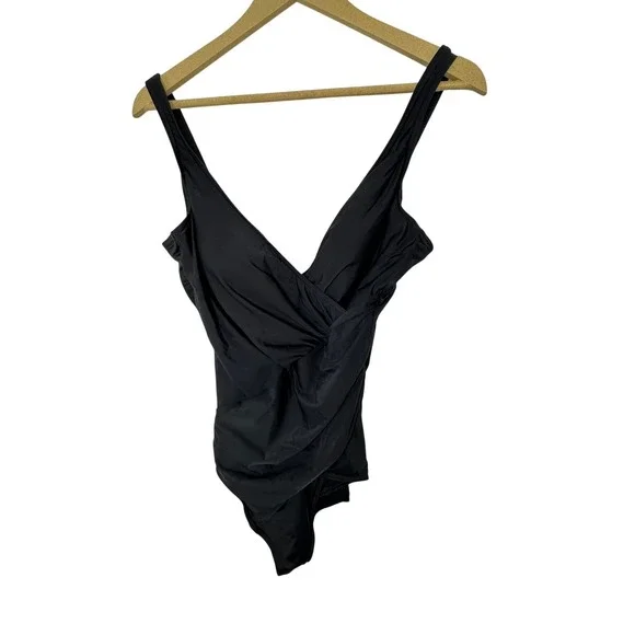 Miraclesuit One Piece Swimsuit Womens‎ 12 Black Excellent Surplice Wrap Front