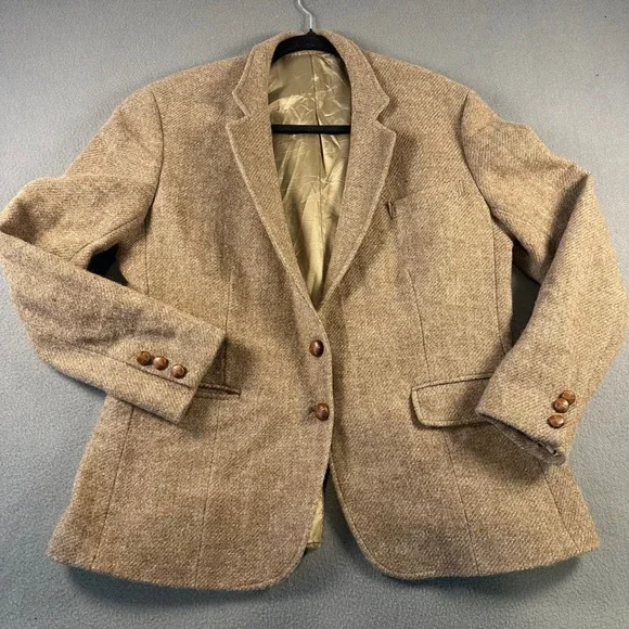 LL Bean Vintage Mens Tan Wool Tweed Herringbone Blazer Jacket USA Made Size 18