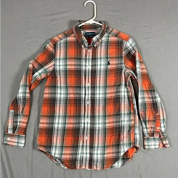 Ralph Lauren Button-Down Boys L 14-16 Plaid Orange Black White EUC