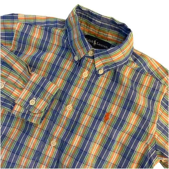 Ralph Lauren Long Sleeve Button Up Yellow Blue Orange Plaid Shirt Boy’s Size 4T