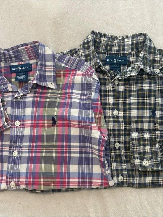 Lot of 2 Polo Ralph Lauren Boys Size 8 Plaid Button Down Shirt Cotton Poplin S