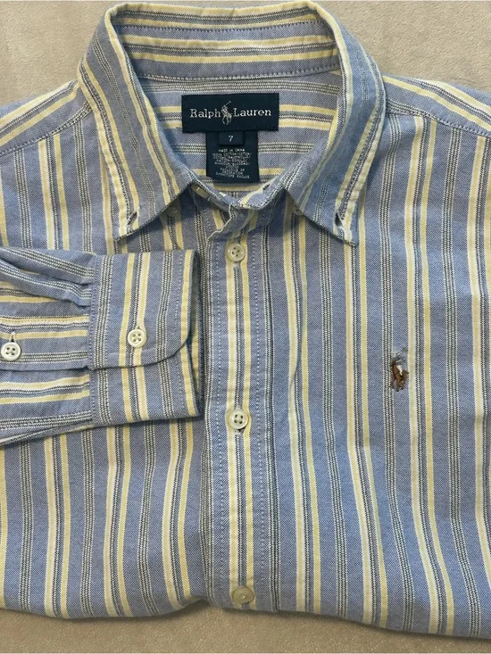 Polo Ralph Lauren Boys Size 7 Blue Yellow Striped Oxford Button Down Shirt Cotto
