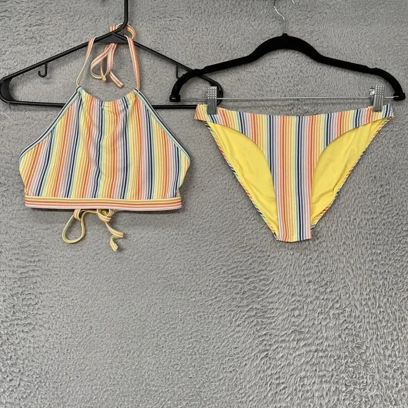 Marine Layer Bikini Set Womens XS Multicolor Rainbow Stripe Halter‎ Top Swim