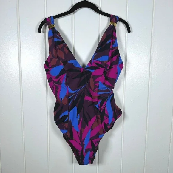 Amoressa One Piece Swimsuit 14 Purple Floral Rumba V-Neck‎ Gold ToneHardware