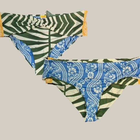 Agua Bendita Reversible Swim Bikini Bottoms Blue Floral Green White Size 2XL New
