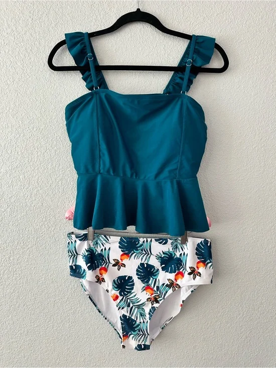 Teal Peplum Tankini with Tropical Print Bottom