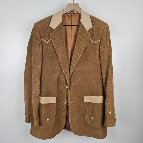 Vintage Pioneer Wear Corduroy Leather Western Sport Coat‎ Jacket Men's 42 Tan