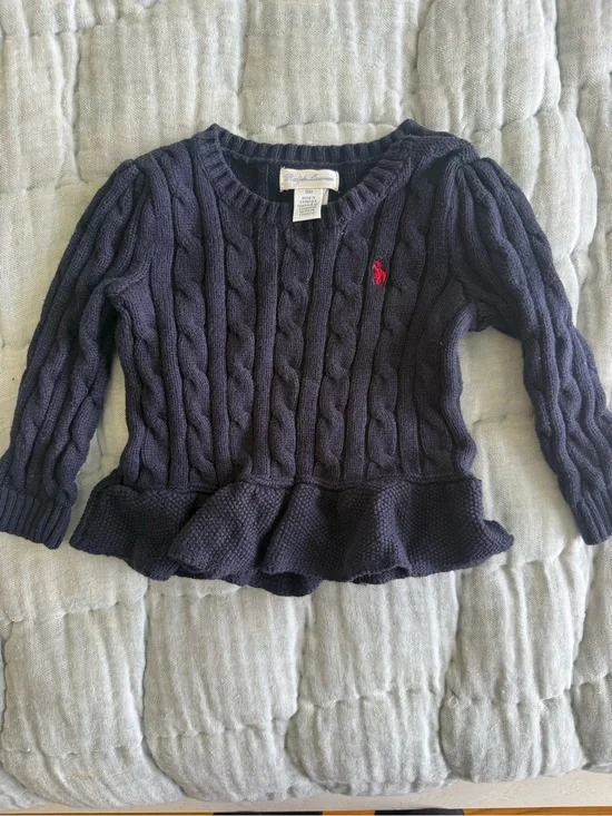 Ralph Lauren Navy Cable-Knit Peplum Sweater with Red Pony