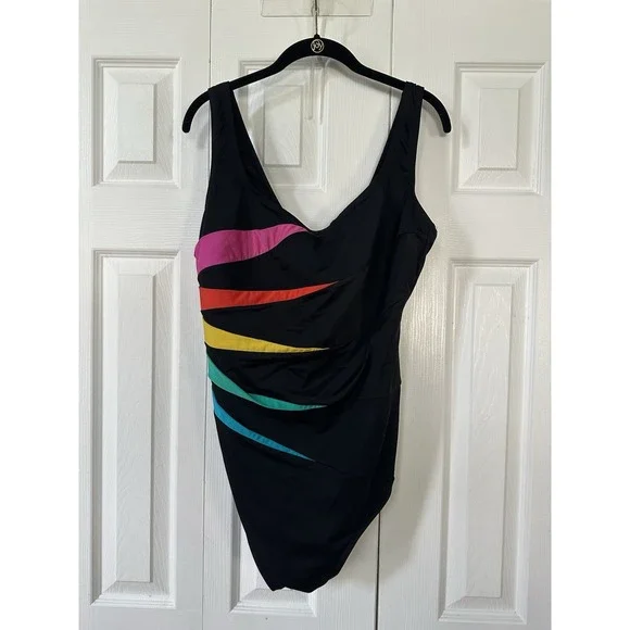 Longitude One Piece Swimsuit Size 22W Black Multicolor Striped Tummy Resort