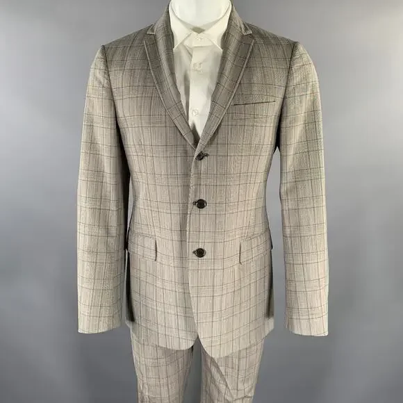 JOHN VARVATOS Size 38 Grey Plaid Wool Blend Notch Lapel Suit