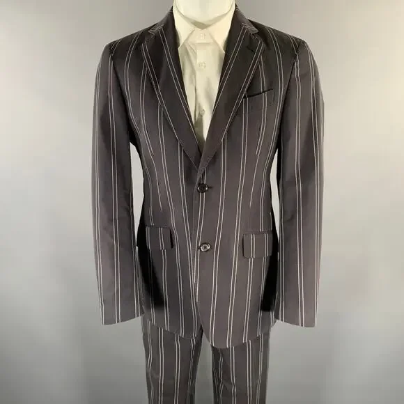 ETRO Size 38 Black White Pinstripe Cotton Notch Lapel Suit
