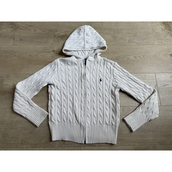 Girls Ralph Lauren cream cable knit full zip sweater size L 12/14 or ADULT XS