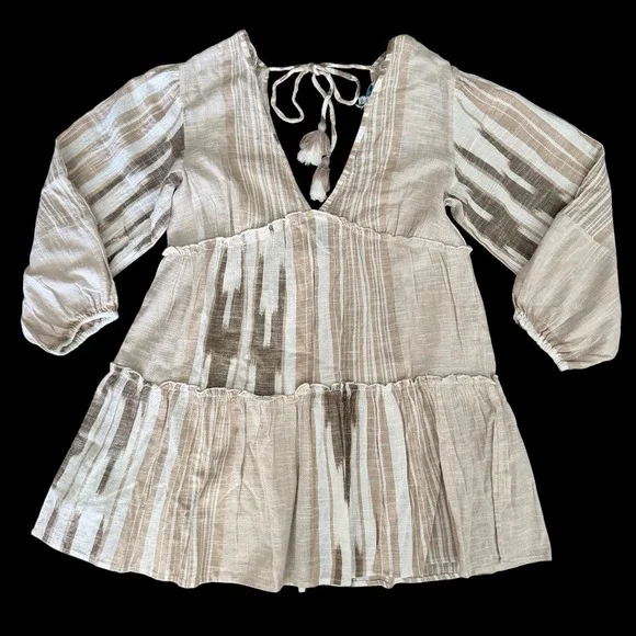 Blue Island Beach Coverup Small Ruffles Tassels Boho Tan Neutral Stripes Resort‎