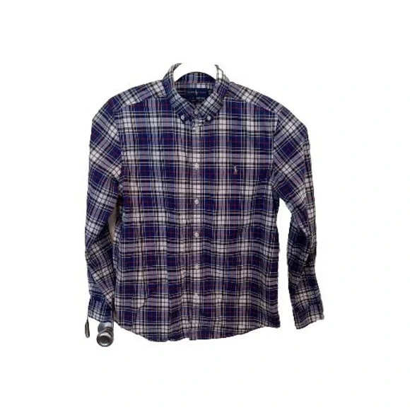 Ralph Lauren Boys XL Shirt Blue‎ Plaid Long Sleeve Button Up Polo Pony Logo