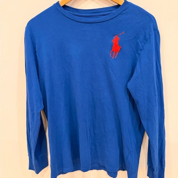 Polo Ralph Lauren Boys XL Blue Long Sleeve Tee Red Big‎ Pony #3 Logo