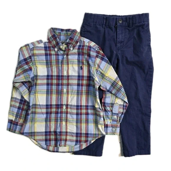 Ralph‎ Lauren Boys Button Up Shirt Long Sleeves Chino Pants 4 T Lot Of 2