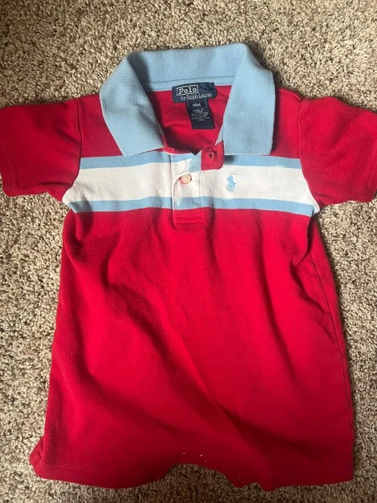 Vintage Y2K Ralph Lauren Red Polo Romper Blue & White Stripes Baby Boy 18m