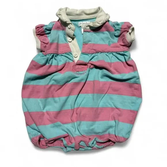 Ralph Lauren Baby Girl Pink Teal Striped Polo Bubble Romper 9M