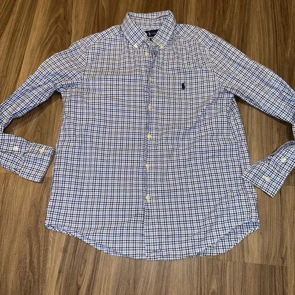 Ralph Lauren Button Down Shirt Natural‎ Stretch Checkered Plaid L (14-16)