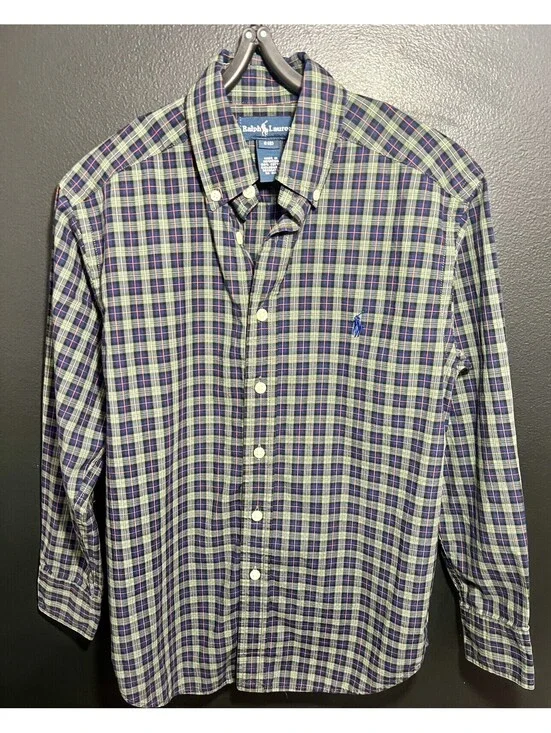 Ralph Lauren Boys Long Sleeve Green/Blue Plaid Button Down Shirt Size Small (8)