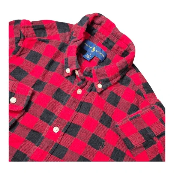 Ralph Lauren Boys 7 Flannel Shirt Red Black Buffalo Plaid Button Down Cotton