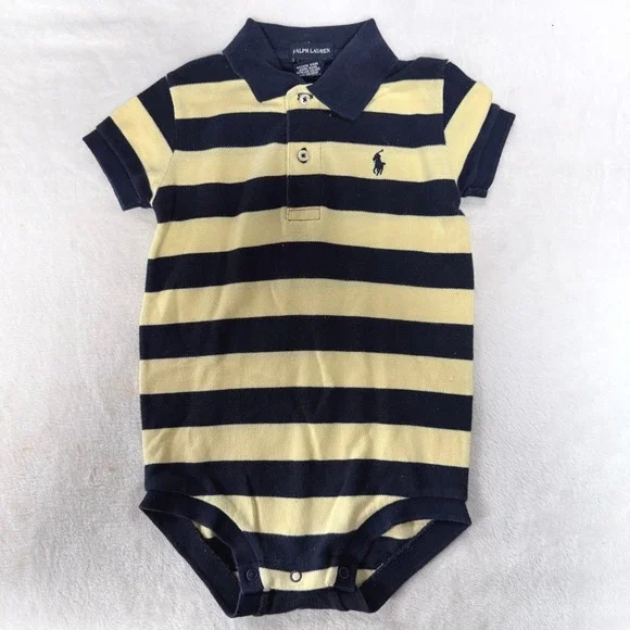 Ralph Lauren Baby Boy Striped Polo Bodysuit Navy Yellow 6-12 Short Sleeve Romper