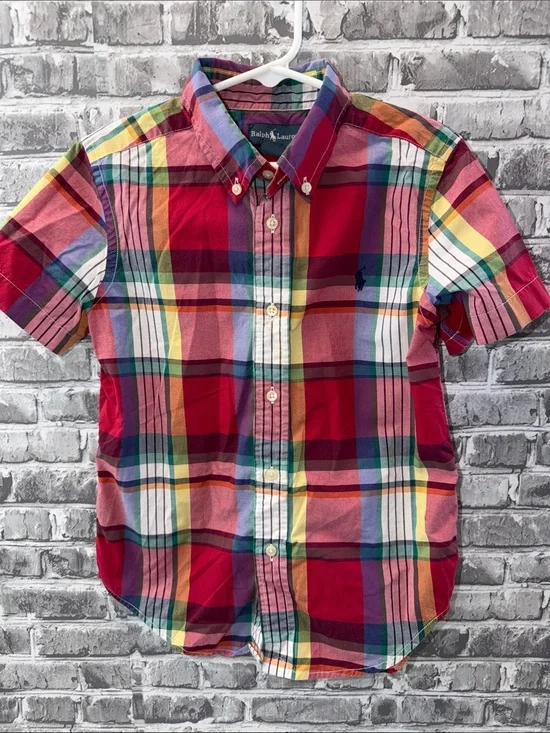 Ralph Lauren Red Multicolor Plaid Short Sleeve Button-Down‎ Shirt