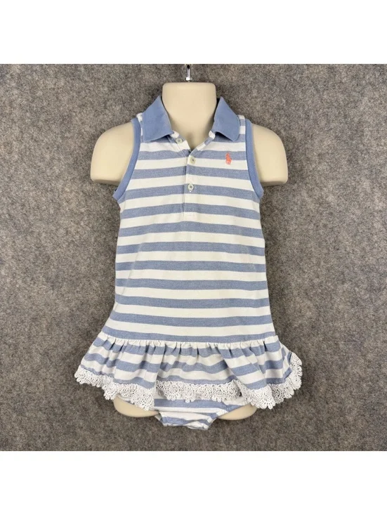 Ralph Lauren Sleeveless Polo Dress With Bloomers Blue White Stripe 24 Months 017