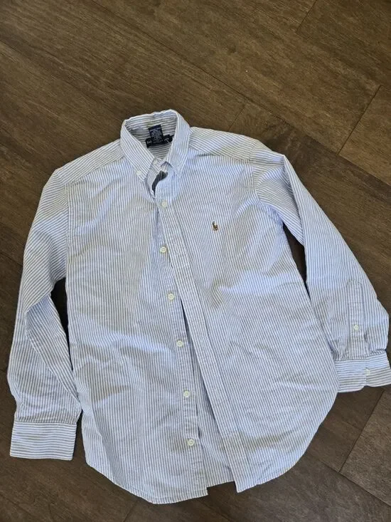 Ralph Lauren Polo Boys Blue Striped Collared Dress Shirt Size 12