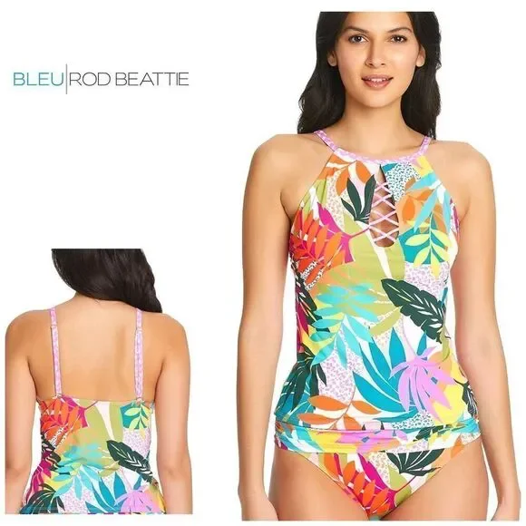 NEW. Bleu Rod Beattie underwire tropical print high neck tankini top. 10. Retail
