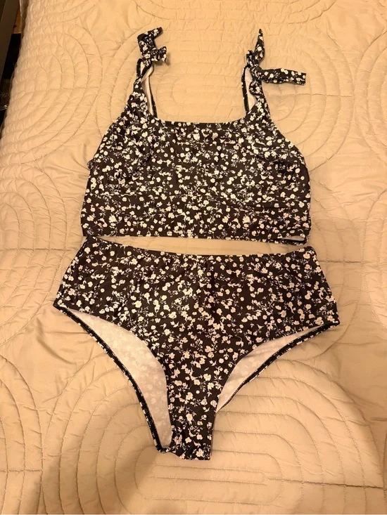 Shein Black Floral High-Waist Bikini Set with Tie-Strap Top