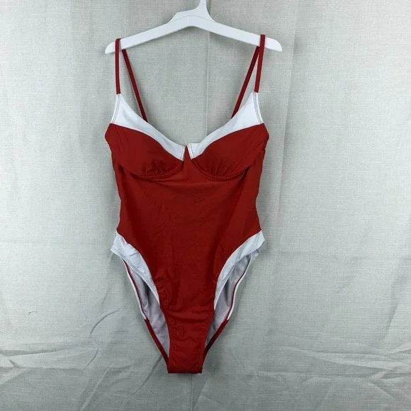 Wild Fable Swimsuit Womens L 12-14 Red White One Piece Underwire High Leg Cheeky