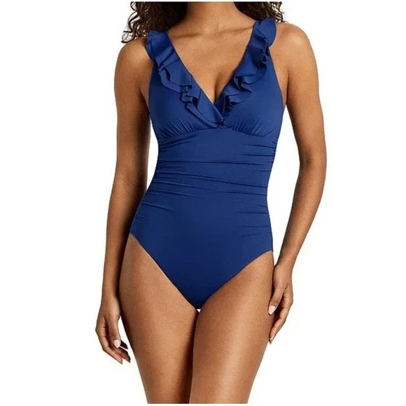 EUC Lauren Ralph Lauren‎ Ruffle Underwire Blue One Piece Tummy Ruched  Size 16