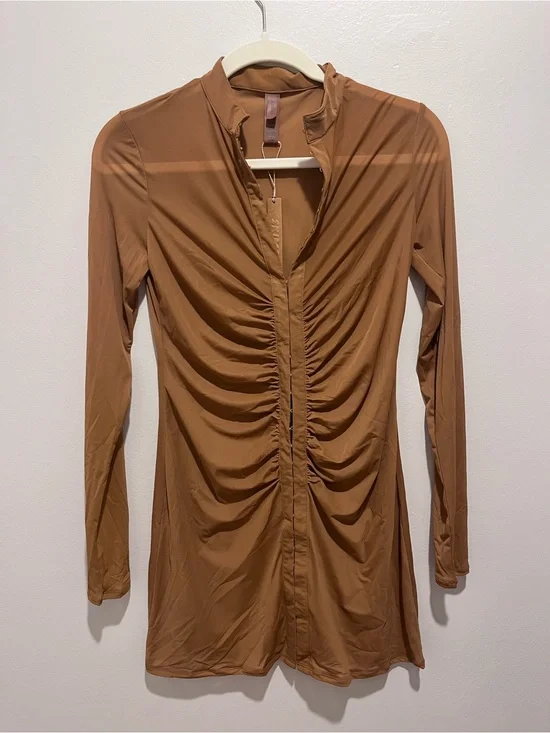 Ruched Long-Sleeve Coverup