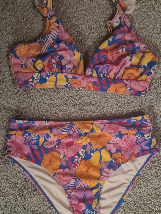 Floral High-Waist Bikini Set - Pink & Orange Floral