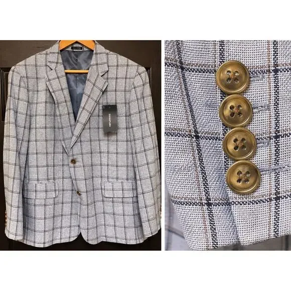 Stafford Signature Mens Sport Coat 46 Short Blue Windowpane Linen Blend NWT‎