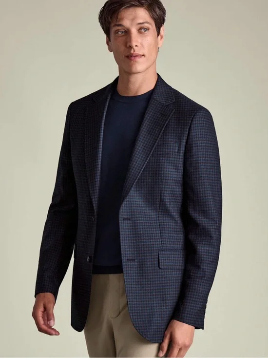 Charles Tyrwhitt Wool Texture Jacket Blazer Men’s 44 Ink Blue Check Light Weight