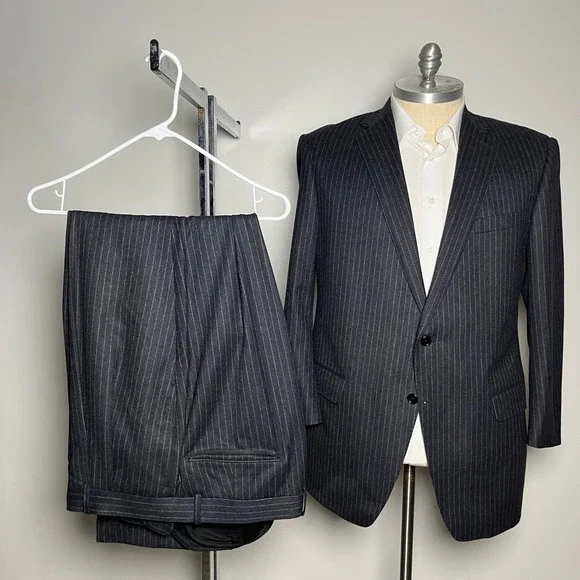 Custom Tailored 2-Piece Suit Mens 44R 42W Charcoal‎ Grey Pinstripe Wool Business