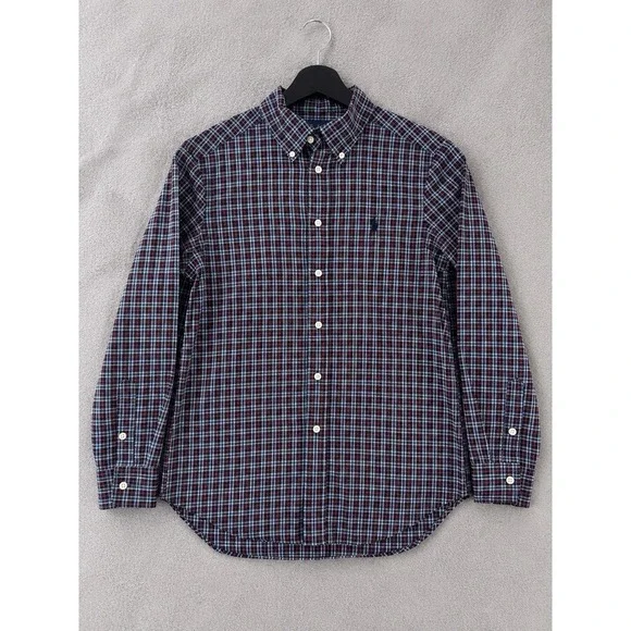 Ralph Lauren Plaid Button Down Shirt Boys Medium Blue Red Cotton Pony Preppy