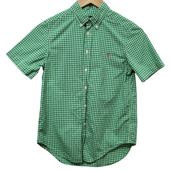 Ralph Lauren Kids Green Gingham Short Sleeve Button Down Shirt Size M 10-12