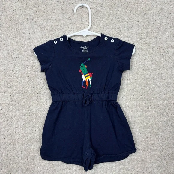 Ralph Lauren Romper Toddler Girl 3M Blue Rugby Short Sleeve‎ Button Snap