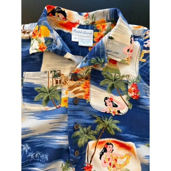 Ralph Lauren Baby Aloha Hawaiian Romper‎ Size 9 Months Blue Loop Collar Infant