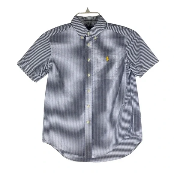 Ralph‎ Lauren Boys Blue White Striped Short Sleeve Button Down Shirt Size 8 S/P