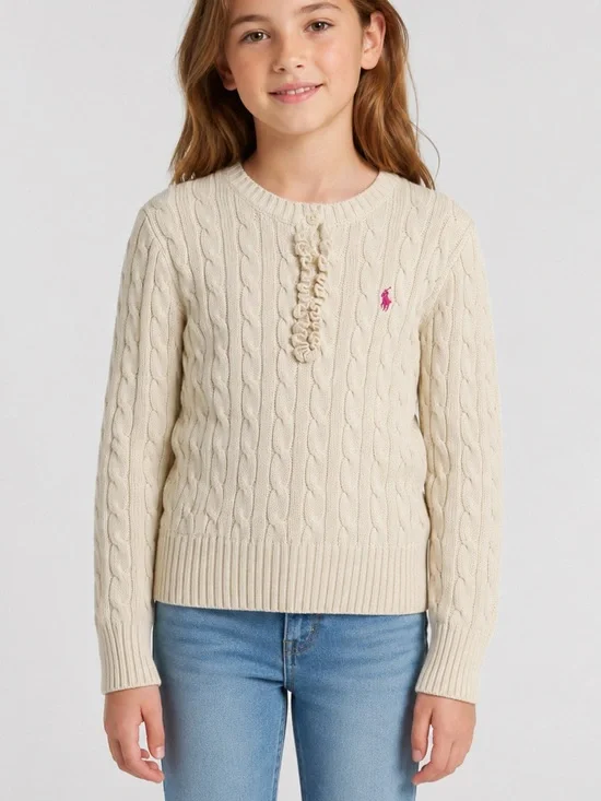 Ralph Lauren Girls Cable Knit Sweater Size M (10) Ivory Cotton Ruffle Henley Pin