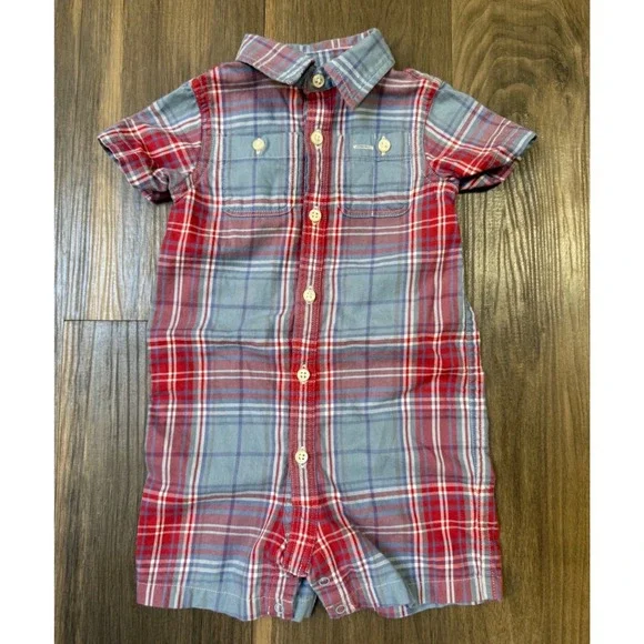 Ralph Lauren Boys‎ Plaid Romper Short Sleeve 6 Month Blue Red Preppy Classic