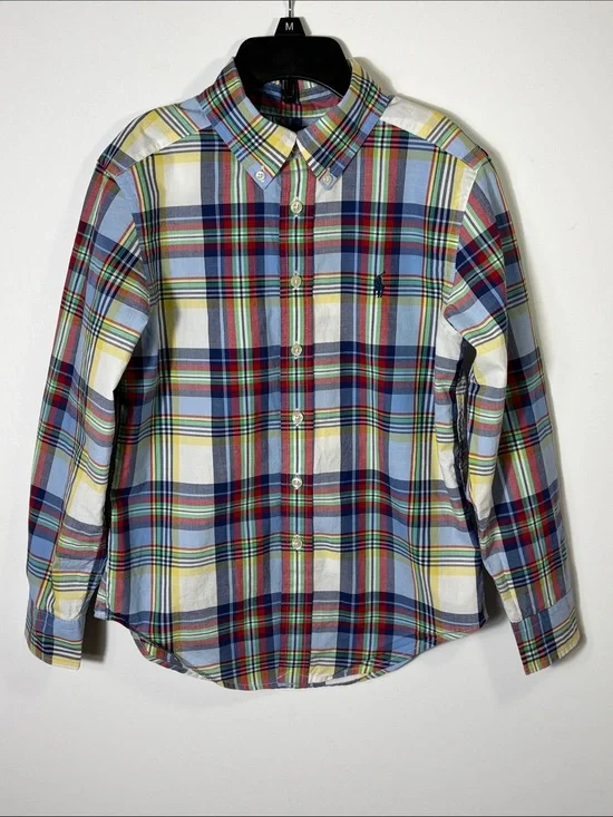 Ralph Lauren Boys Plaid Button Down Shirt Size S (8) Blue Cotton Preppy