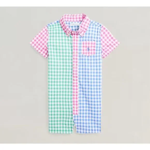 Ralph Lauren Gingham Cotton Poplin Fun Shortall Size 6M Baby Pastels Unisex