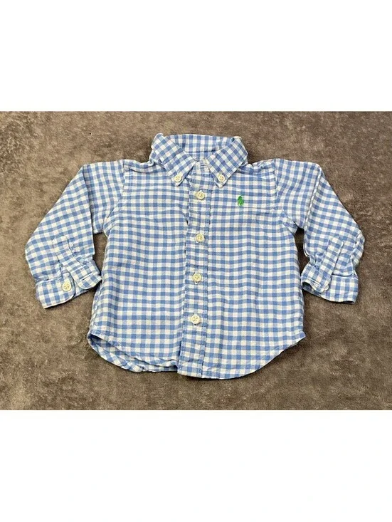 Ralph Lauren Baby Boys 3M Blue White Gingham Button Down Shirt Pony Logo 100% Co
